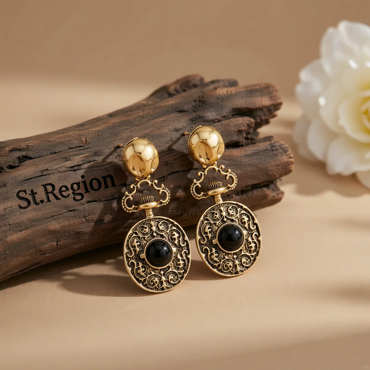 Top-Quality Black Resin Goldtone Floral Oval Dangle Earrings Efficient