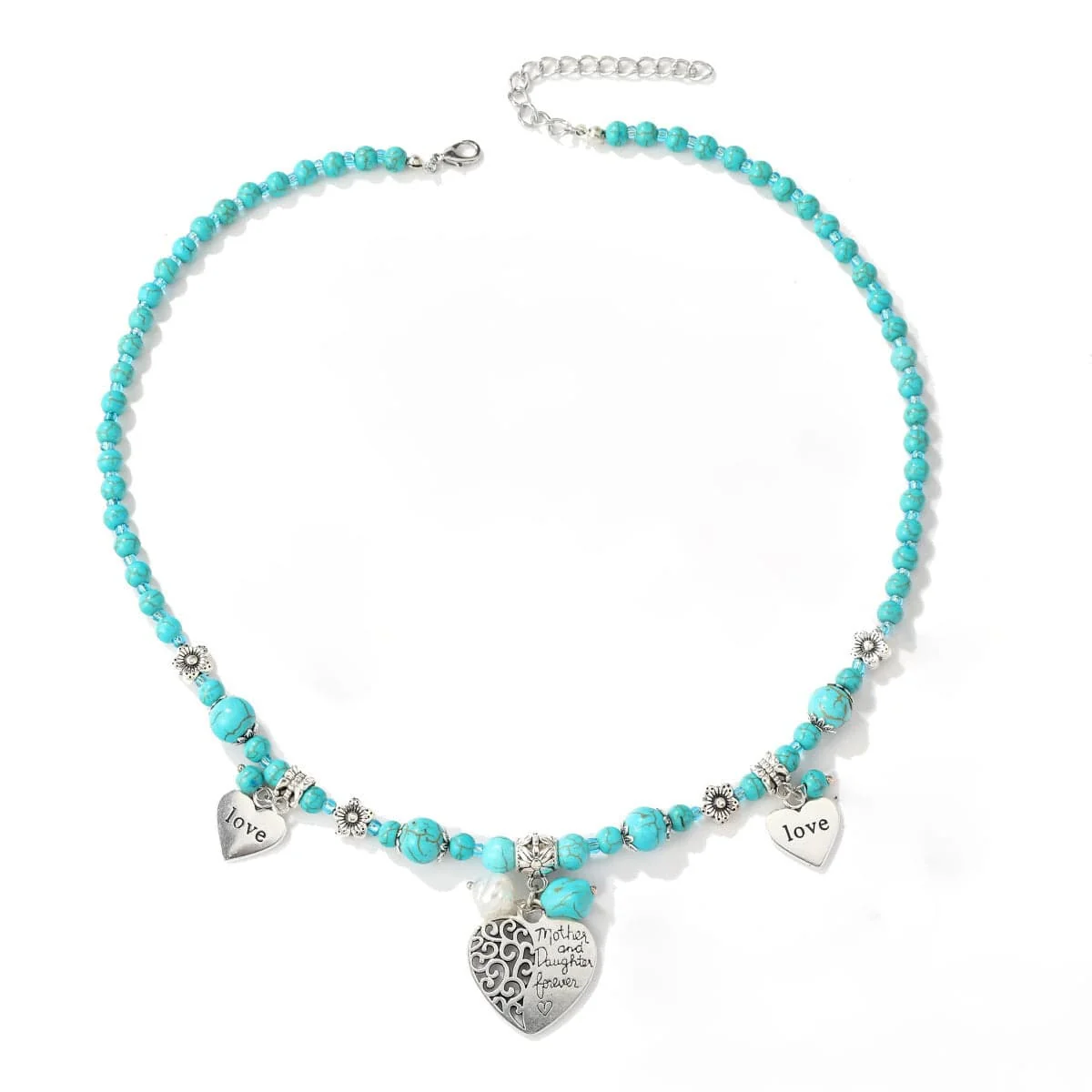 Green Turquoise Pearl Silvertone Heart Beaded Pendant Necklace High-Grade