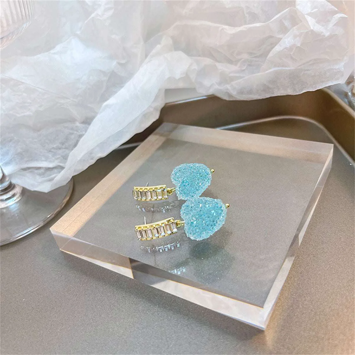 Trendy Blue Crystal Goldtone Heart Drop Earrings Fast