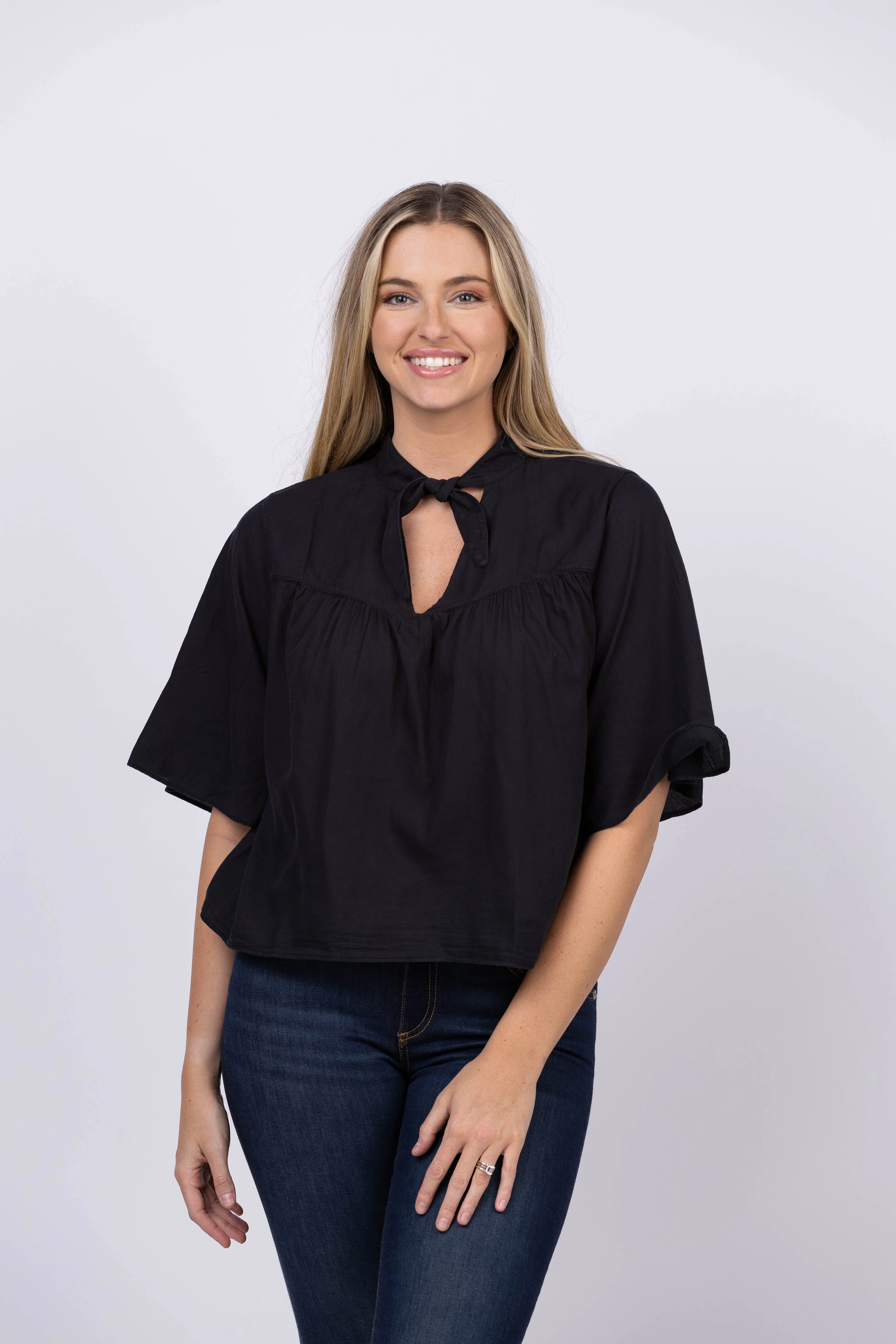 Luxury NATION LTD Valerie Tie Neck Top in Jet Black Consistent