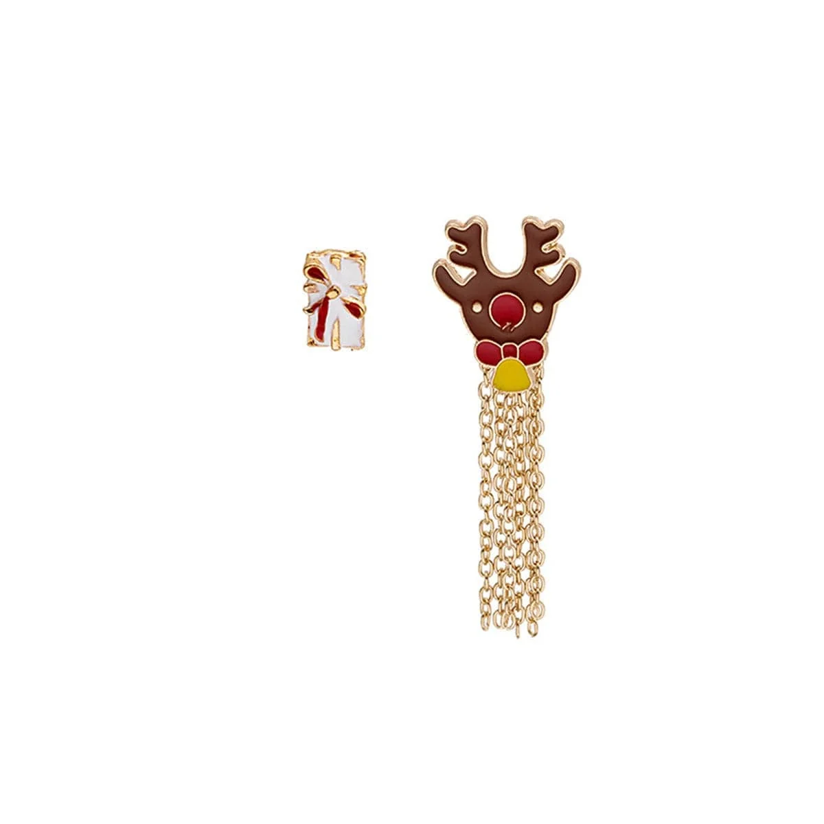 Detailed Brown Enamel Goldtone Gift Box Reindeer Tassel Brooch Set Selected