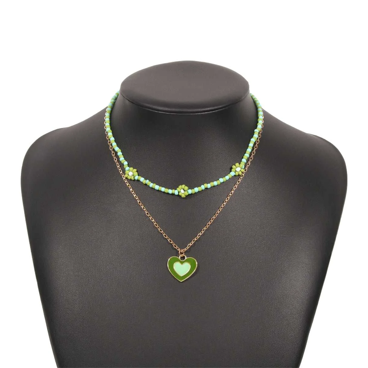 Elegant Green Howlite Enamel Goldtone Mum Chain Heart Pendant Necklace Set Environmentally Friendly