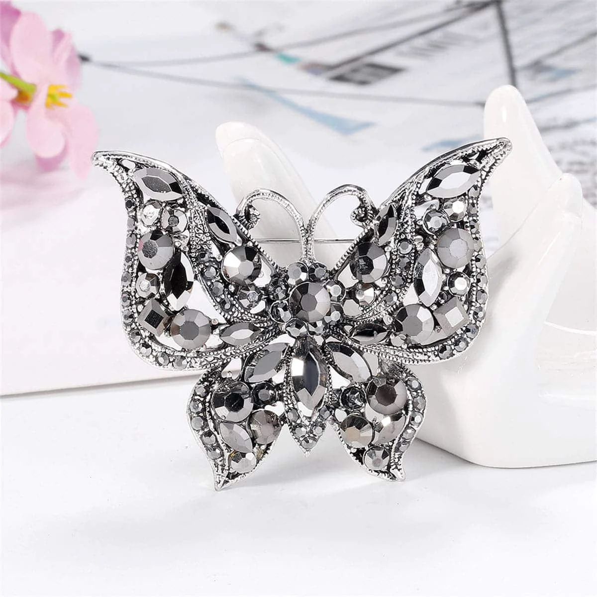 Proven Black Crystal Cubic Zirconia Silvertone Butterfly Brooch Excellent