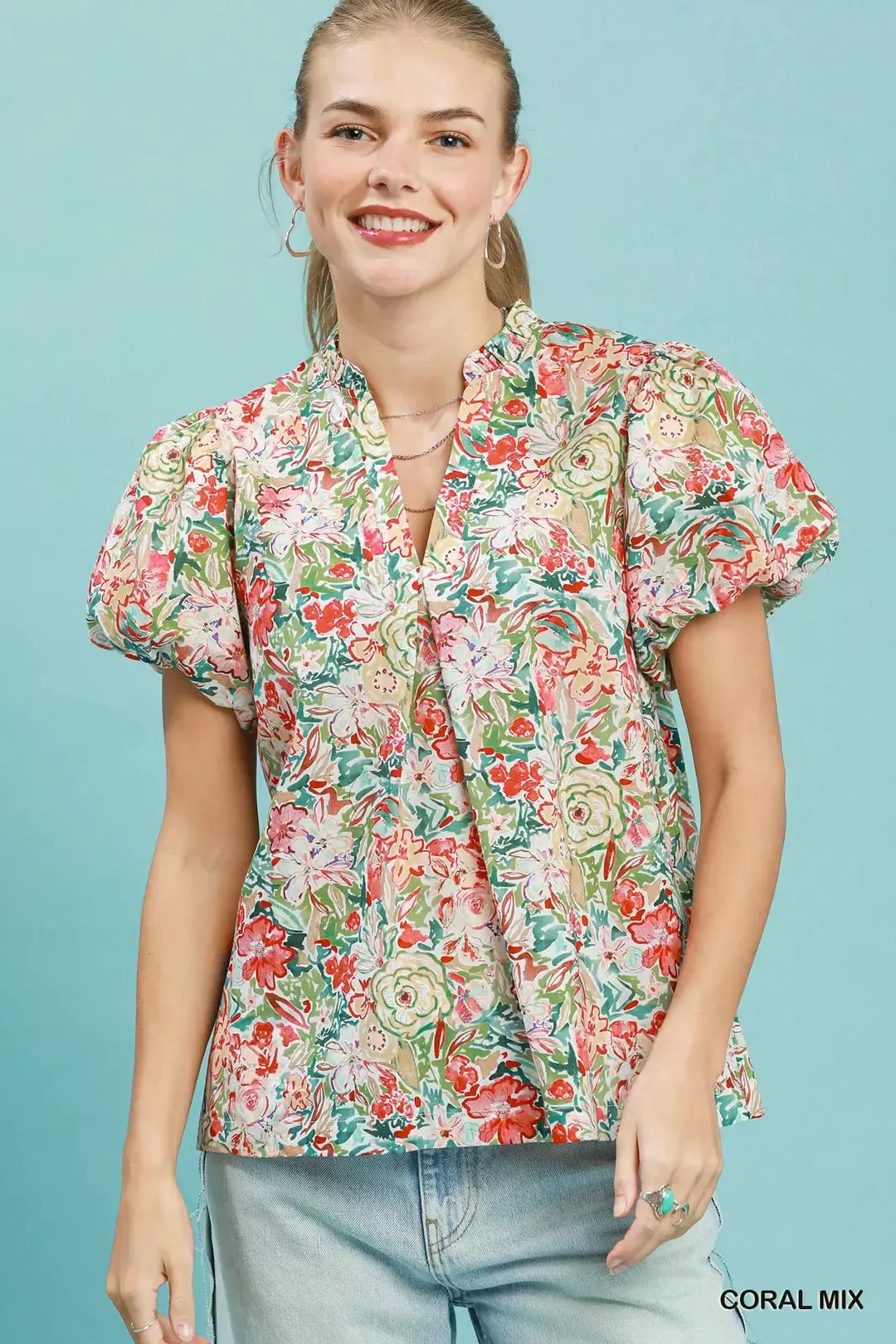 Traditional Umgee Floral Puff Sleeve Blouse in Coral Elite