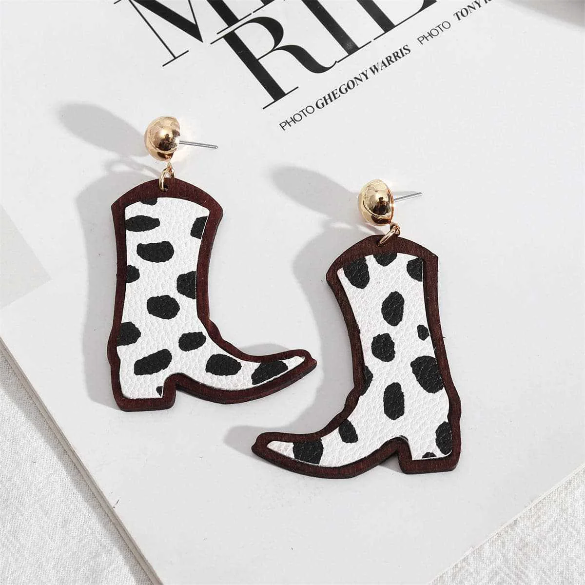 Green Black Wood Spots Cowboy Boot Drop Earrings Elite