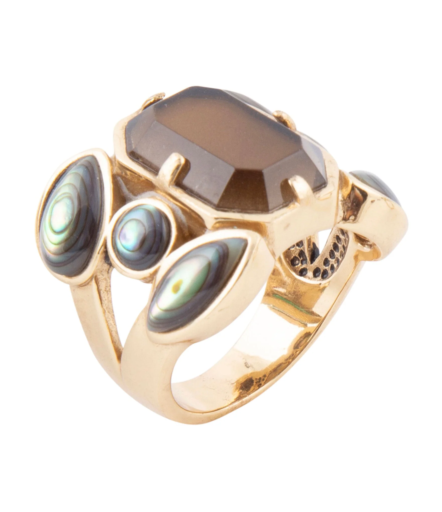 Refined Tribecca Smoky Brown Quartz and Abalone Statement Golden Ring Healthy