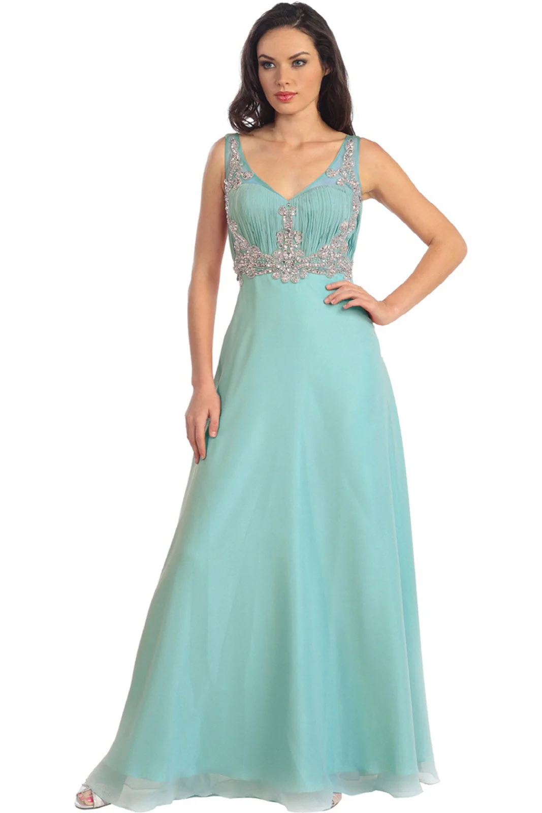 Fashionable V-Neck Chiffon Long Dress with Beaded Sheer Straps Premium