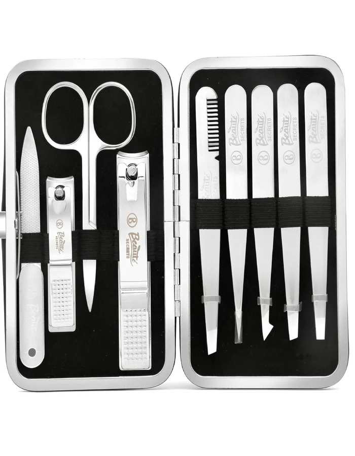 Sophisticated Beauté Secrets 9-in-1 Tweezers Nail Cutter Set for Men Women Plucker for Hair Removal Eyebrow Tweezers Nail File Scissors Travel Case – Manicure Pedicure Grooming Set Healthy