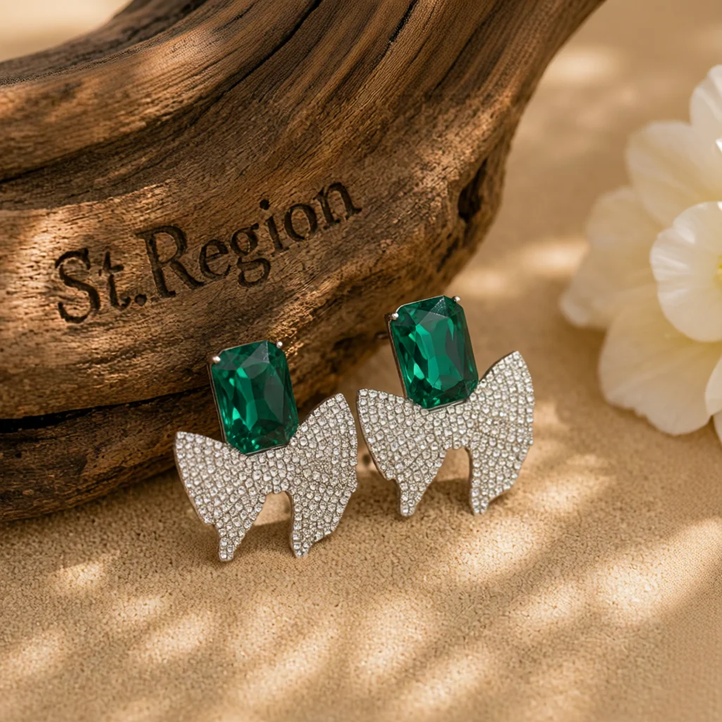 Exceptional Green Crystal Cubic Zirconia Silvertone Bow Drop Earrings Modern