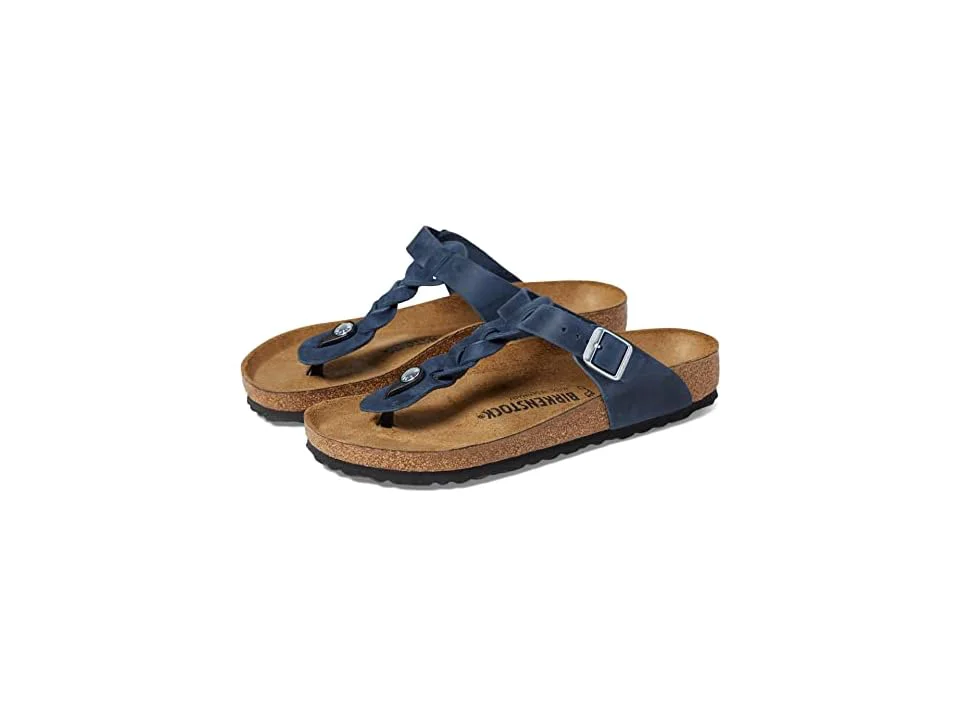 Soft Birkenstock Unisex Gizeh Braided Oiled Leather Navy Refined