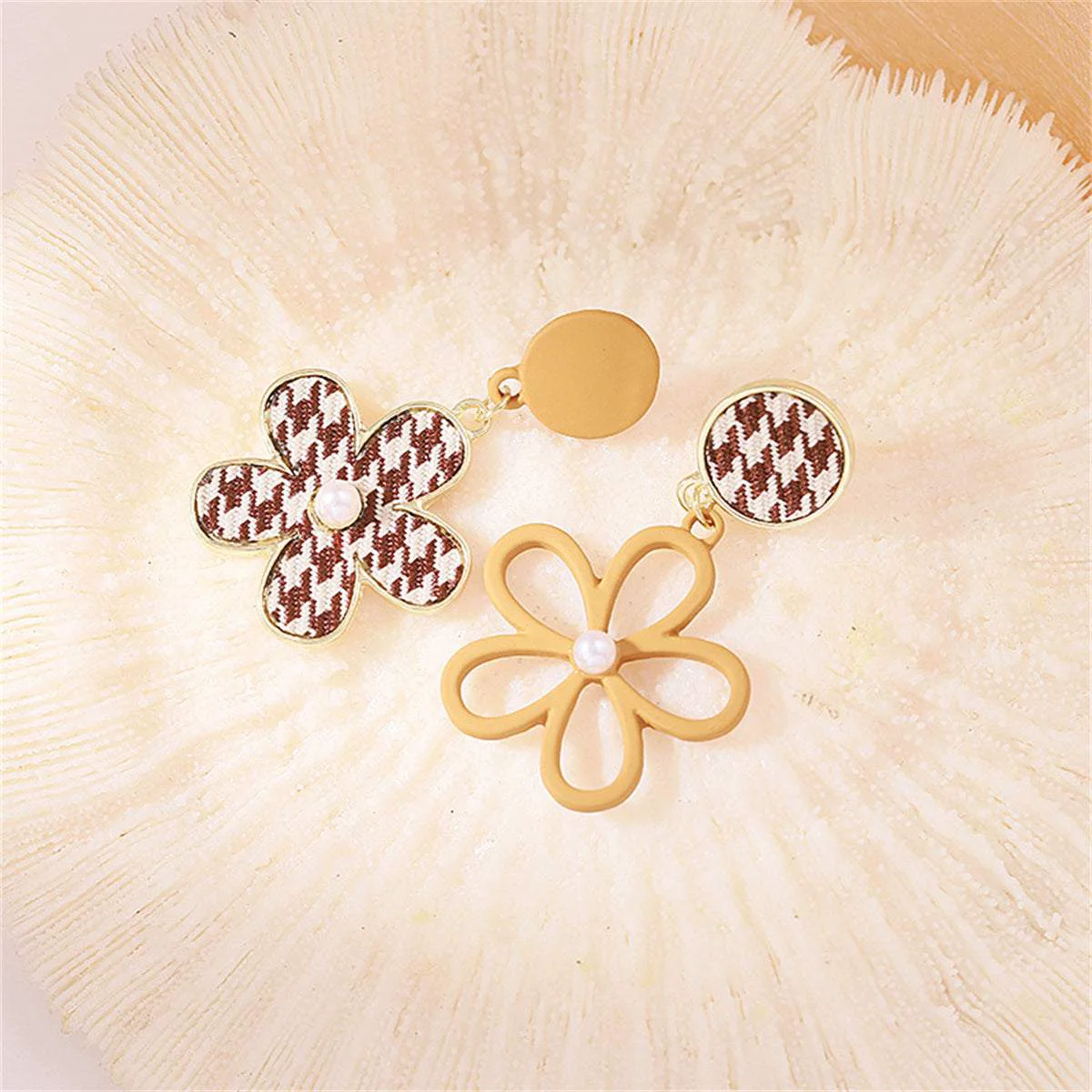 Reliable Pearl Enamel Polyster Goldtone Houndstooth Flower Drop Earrings Detailed
