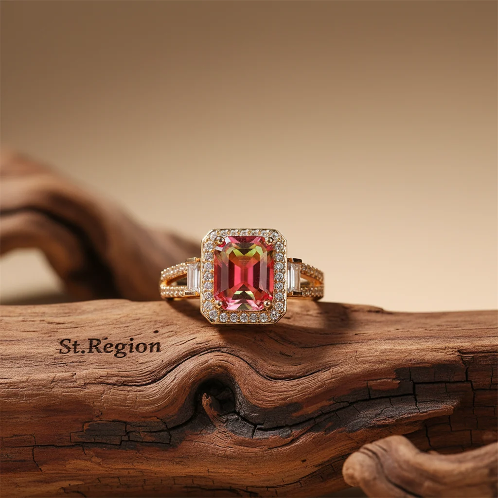 Proven Red Crystal Cubic Zirconia Princess-Cut Halo Ring Casual