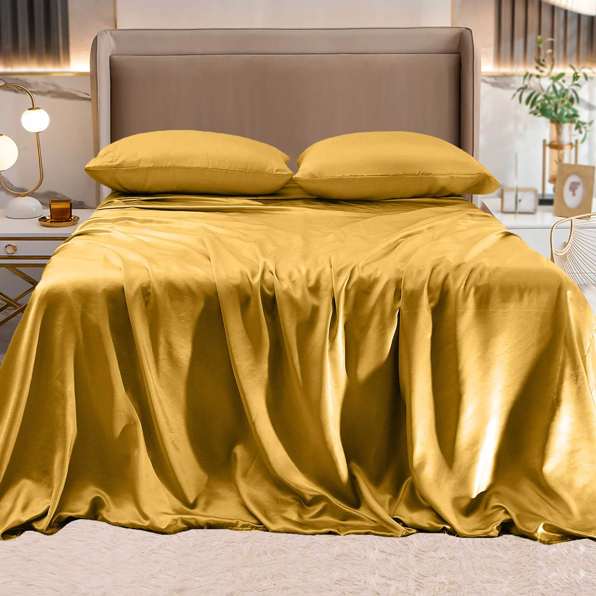 Outstanding Mocassi Fine 4-Piece Silky Satin Sheet Set Bright Shades Trendy