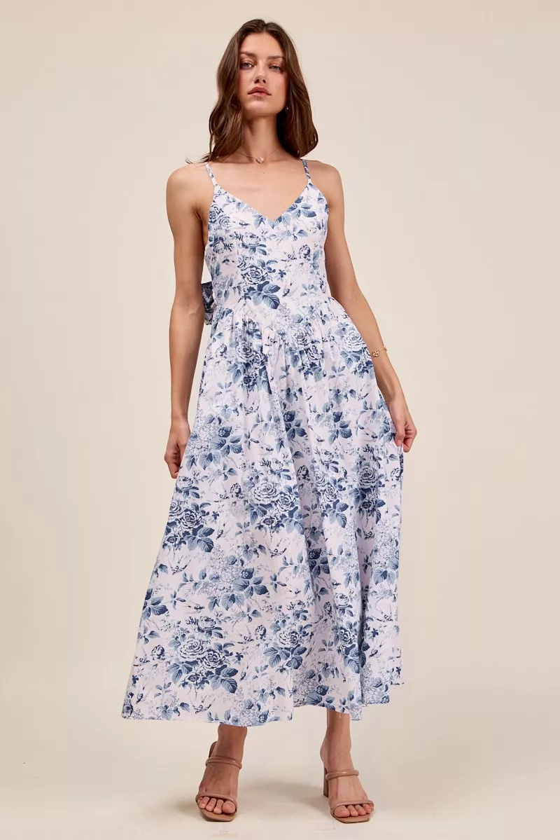 Certified SO ME Floral Woven V Neck Dress With Back Ribbon Tie Modern
