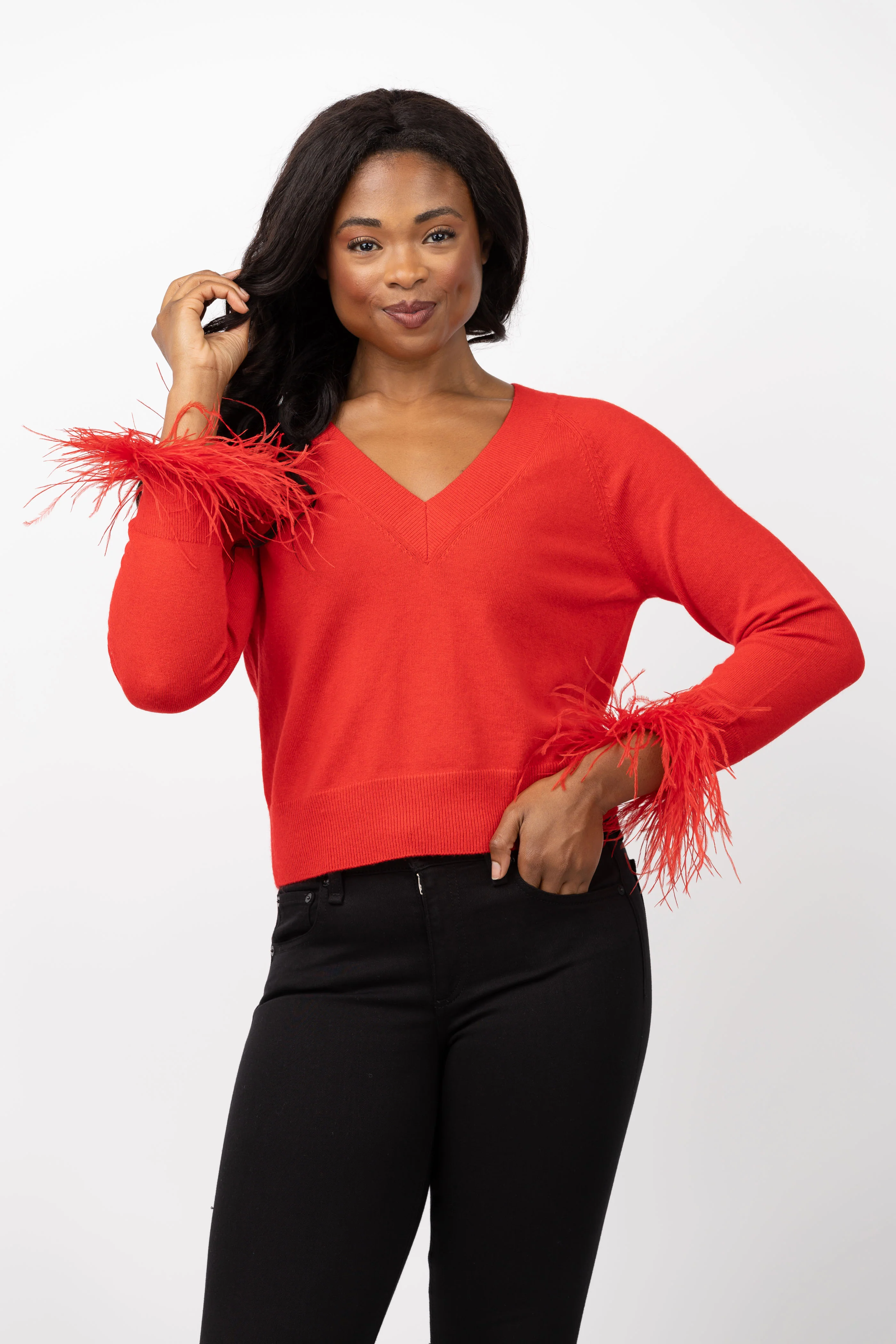 Crafted Milly Feather Cuff V-Neck Sweater in Red Optimized